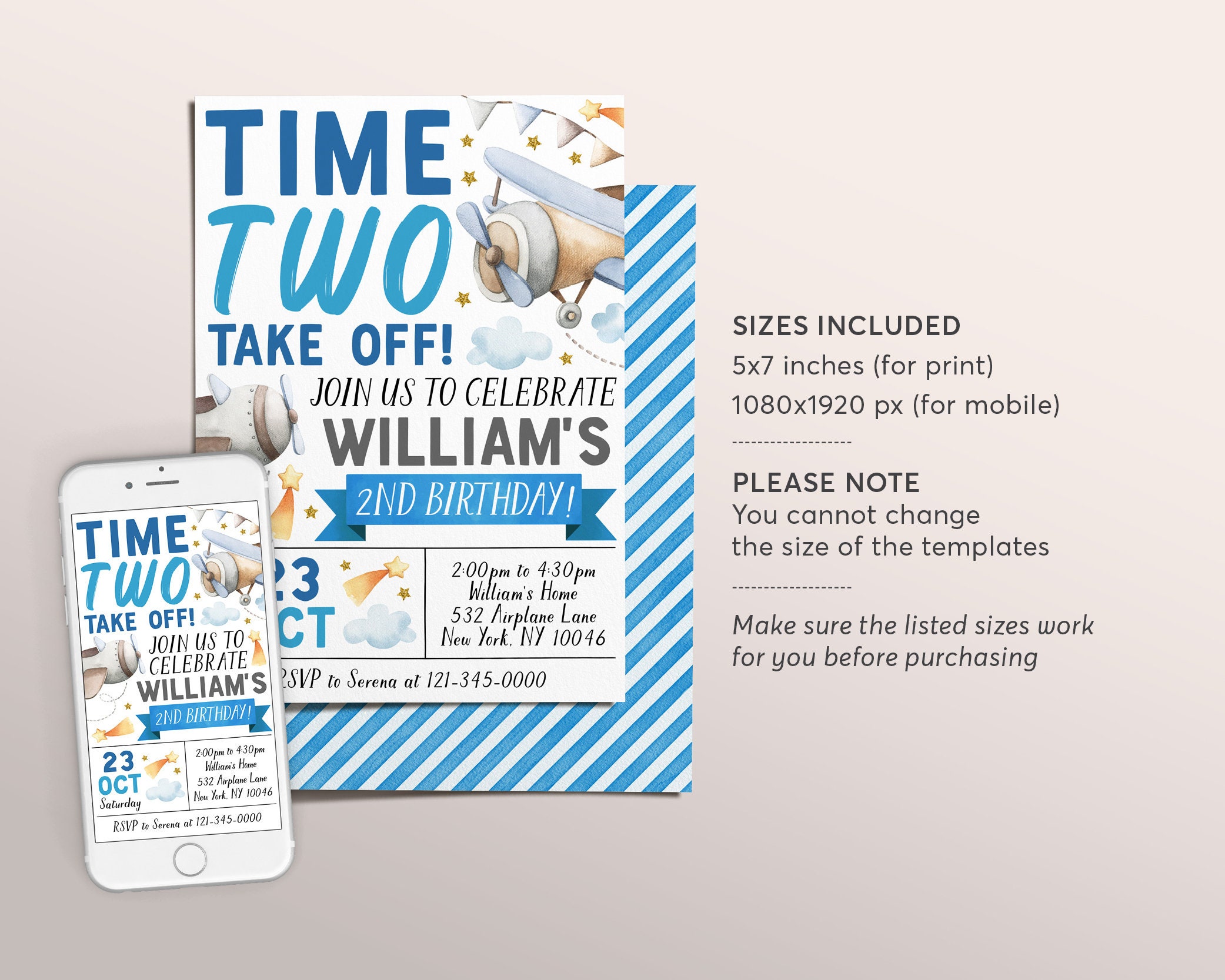 Take Flight Invite Airplane 2nd Birthday Invitation Editable Template, Time Two Take off ...