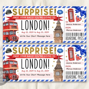 Modèle modifiable de carte d’embarquement de billet-cadeau de Londres, certificat de billet d’avion de vacances de voyage surprise, voyage de vacances en Angleterre révélé imprimable