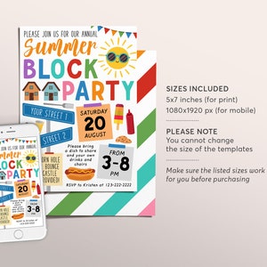 May include: A printable invitation for a summer block party. The invitation is designed with a colorful striped background and features a cartoon sun, houses, and a hot dog. The text on the invitation reads "Please join us for our annual Summer Block Party" and includes the date, time, and RSVP information.