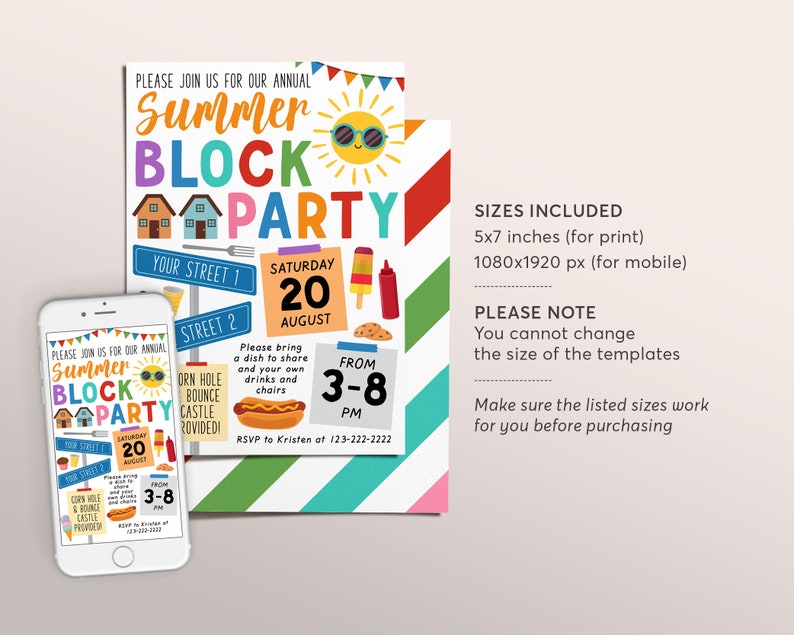 May include: A printable invitation for a summer block party. The invitation is designed with a colorful striped background and features a cartoon sun, houses, and a hot dog. The text on the invitation reads "Please join us for our annual Summer Block Party" and includes the date, time, and RSVP information.