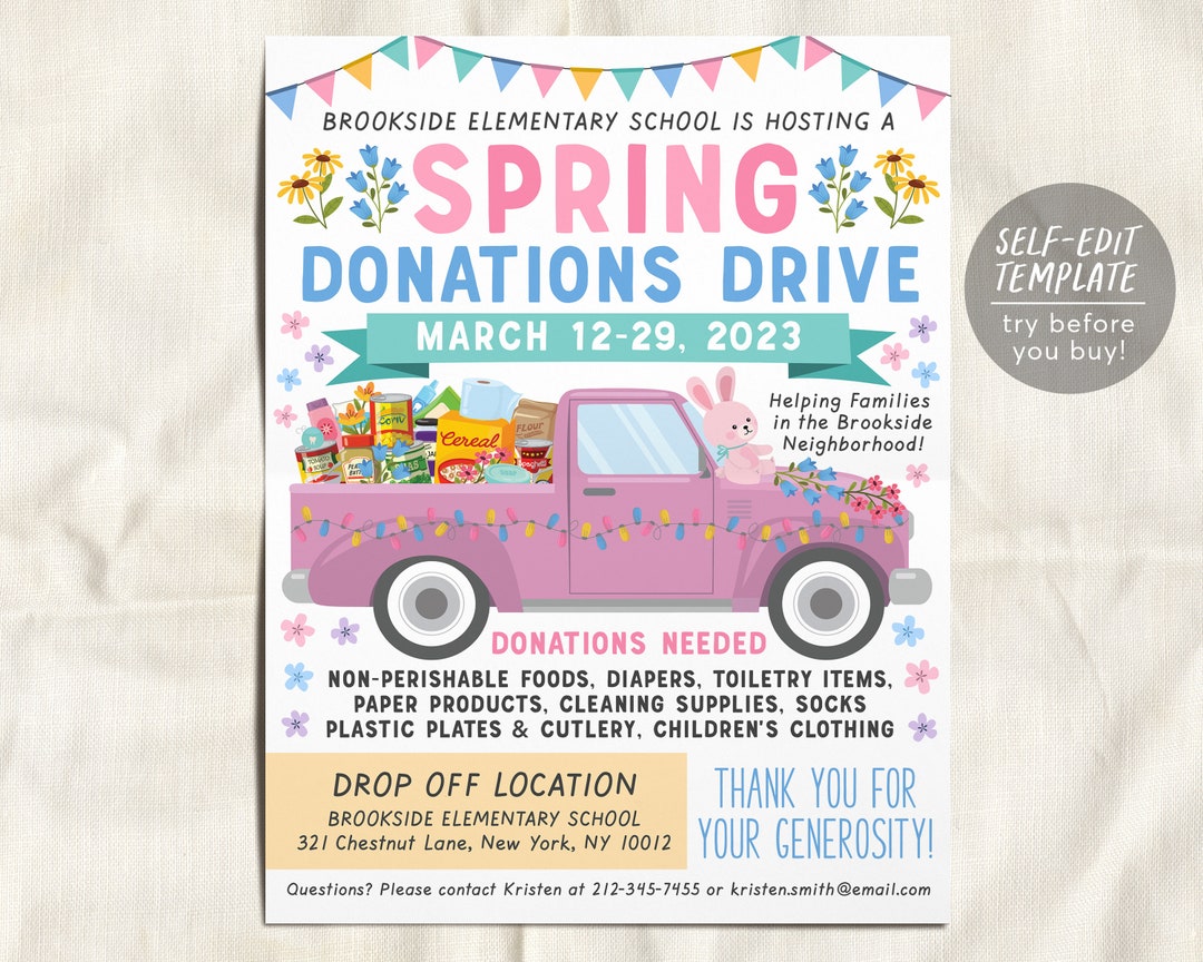 Spring Easter Donations Food Drive Flyer Editable Template, Toiletries