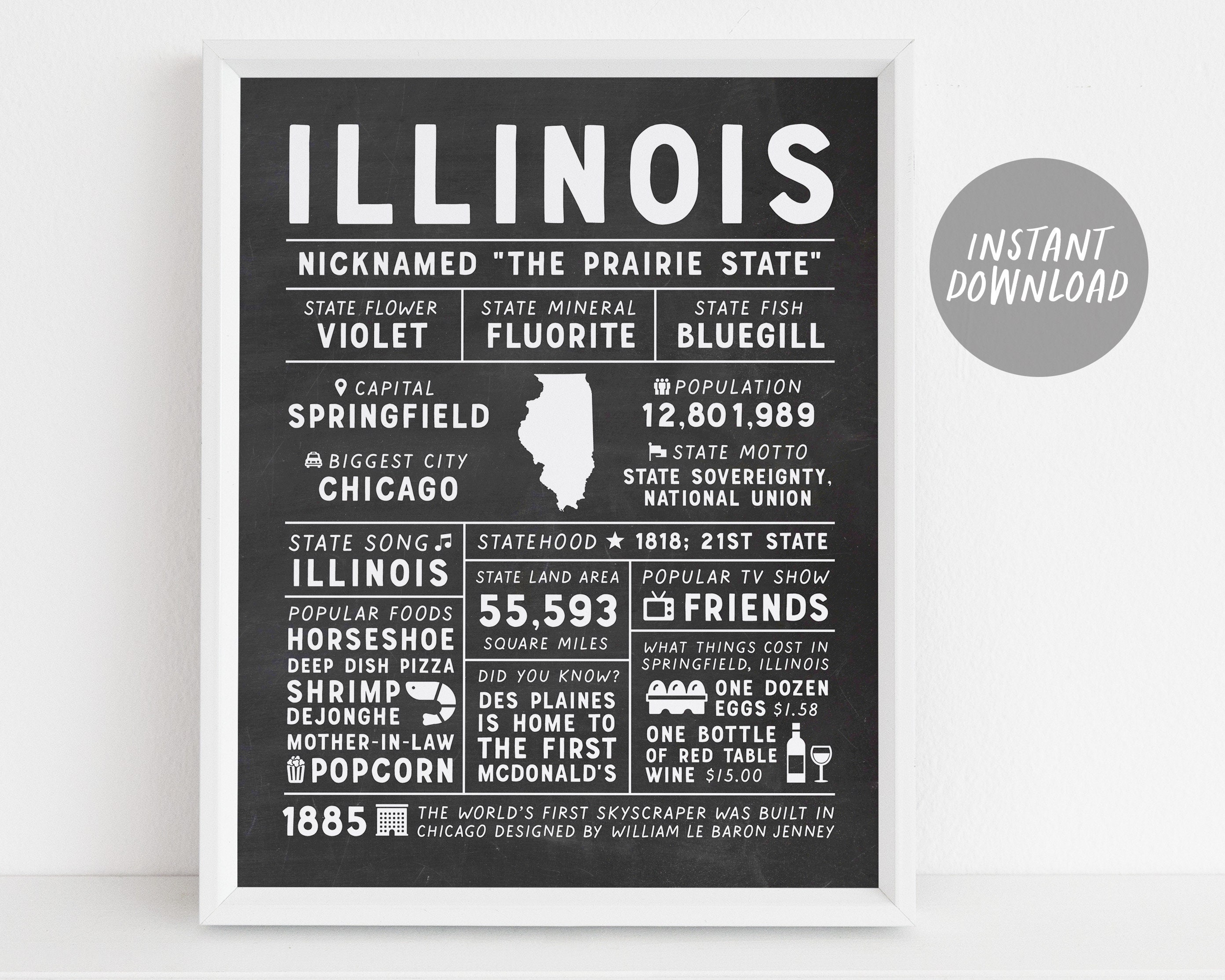 Illinois State Wall Art Sign Poster Infographic Chalkboard image