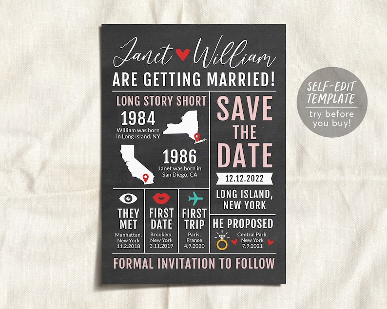 Save the Date Wedding Template Editable, Long Story Short Printable, Infographic Save the Date Card Invitation, Fun Wedding Infographic image 1