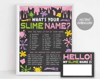 Quel est votre Slime Name GIRL Poster imprimable, Slime Party Game Decor Ideas, Slime Game for Kids With Name Tags, Slime Station Sign