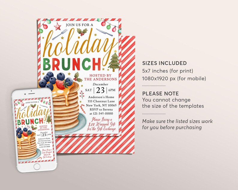 Invitation modifiable pour un brunch de Noël, invitation à une fête de crêpes et petit-déjeuner de Noël pour la famille, les enseignants et le personnel (à imprimer). image 2