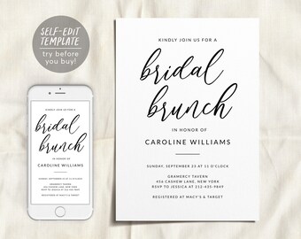 May include: A white bridal brunch invitation card and a smartphone displaying the same invitation design. The text reads: Kindly join us for a bridal brunch in honor of Caroline Williams, Sunday, September 23 at 11 o'clock.