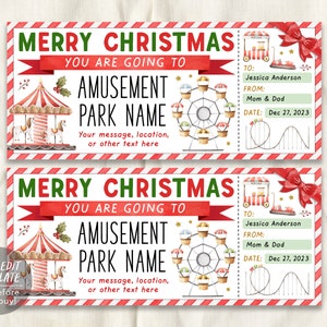 Christmas Amusement Park Ticket Editable Template, Surprise Holiday Theme Park Gift Voucher For Kids, Carnival Day Trip Gift Certificate