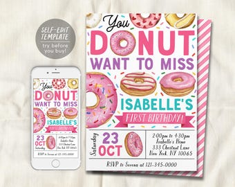 Donut Birthday Invitation Editable Template, Girl You Donut Want To Miss Donuts Party Invite, Kids Sprinkles Sweet Doughnut Evite Printable