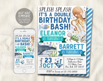 Under The Sea Joint Siblings Birthday Invitation Editable Template, Double Birthday Bash Sea Animals Theme Party Invite, Splash Splash Evite