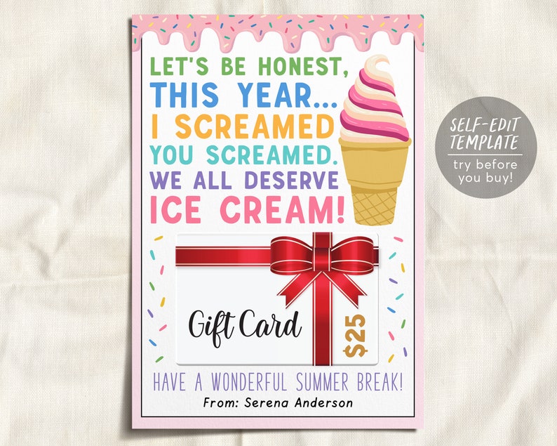 Ice Cream Gift Card Holder Editable Template