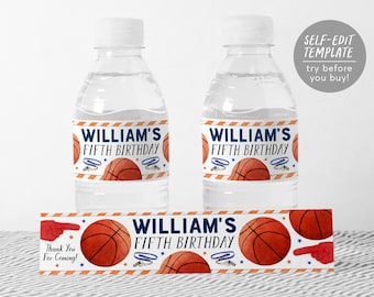 Plantillas editables de etiquetas para botellas de agua de baloncesto, etiquetas para envoltorios de botellas para fiestas de cumpleaños de baloncesto, deportes para niños, hora del juego, mates