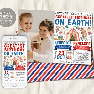 Carnival Joint Siblings Birthday Invitation With Photo Editable Template, Twins Circus Theme Party Invite, Kids Come One Come All Evite