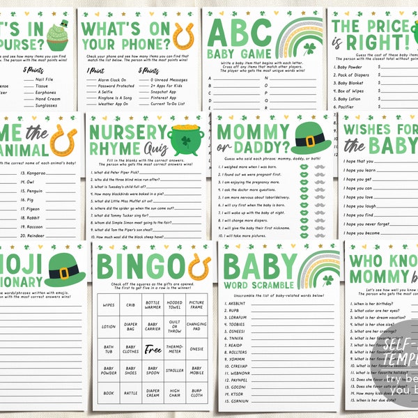 St Patricks Day Baby Shower Games Package Bundle Editable Template, Unisex St Patty's Sprinkle, Shamrock 12 Shower Games Bingo Word Scramble