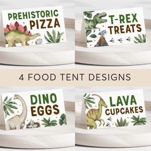 Plantilla editable de tarjetas de comida de dinosaurio, etiquetas de comida para fiesta de primer cumpleaños de dinosaurio, decoración de mesa para fiesta de dinosaurio, tarjetas de lugar de T-Rex