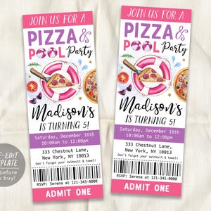 Pizza Pool Party Geburtstagsticket Einladung Bearbeitbare Vorlage, Kinder Mädchen Sommer Schwimmbad Pizza Party Bash Evite, Schulabschlusskarte