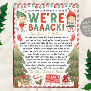 Könnte beinhalten: Ein festlicher Weihnachtsbrief mit dem Text "WE'RE BAAACK!" und Illustrationen von Elfen, Weihnachtsbäumen und dem Schlitten des Weihnachtsmanns. Der Brief ist an Lauren & William adressiert und enthält eine Nachricht von den Elfen des Weihnachtsmanns.