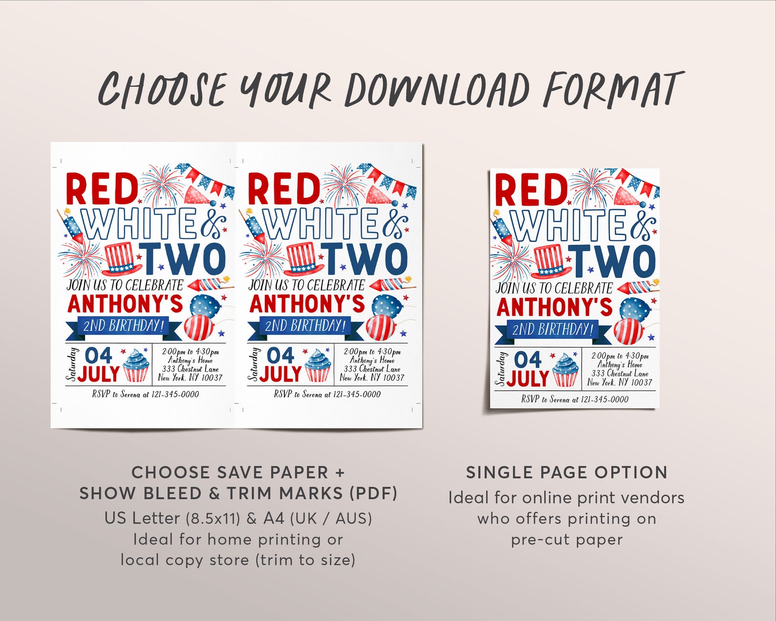 4th of July 2nd Birthday Invitation Editable Template, Red White and ...