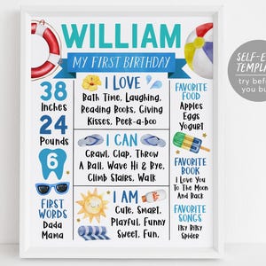 Puede incluir: Un cartel de primer cumpleaños imprimible azul y blanco para un niño llamado William. El cartel incluye detalles sobre el primer año del niño, como su altura, peso, comidas favoritas y primeras palabras. El cartel está decorado con un tema de playa, incluyendo una pelota de playa, chanclas y un sol.