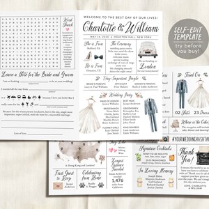 May include: A wedding invitation template featuring a watercolour illustration of a bride and groom. The template includes a word search, a note for the bride and groom, a wedding party list, a map of the world, and a thank you note. The text on the invitation reads "Welcome to the best day of our lives! Charlotte & William May 14, 2024 Houston Hall, New York".