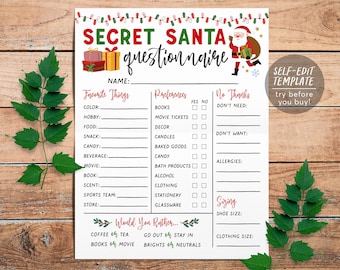 Op de afbeelding: Een wit Secret Santa vragenformulier als printbare sjabloon met rode en groene kerstverlichting, een cartoon Kerstman met cadeautjes en secties voor favorieten, voorkeuren, afkeuren, maten en diverse vragen.