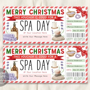 Kerst Spa Dag Cadeaubon Ticket Bewerkbare sjabloon, Verrassing Spa Behandeling Coupon Onthulling, Vakantie Spa Lidmaatschapspakket Certificaat