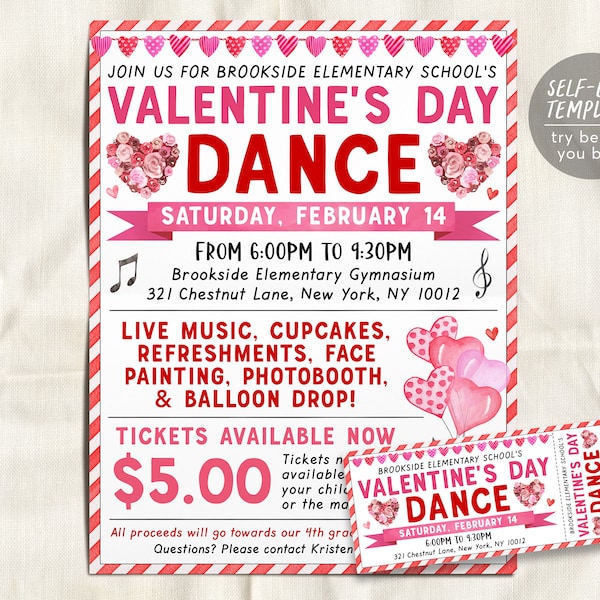 Valentine's Day Dance Flyer Editable Template, Valentines School Dance Invitation Invite, School Dance Tickets Printable, Church Community