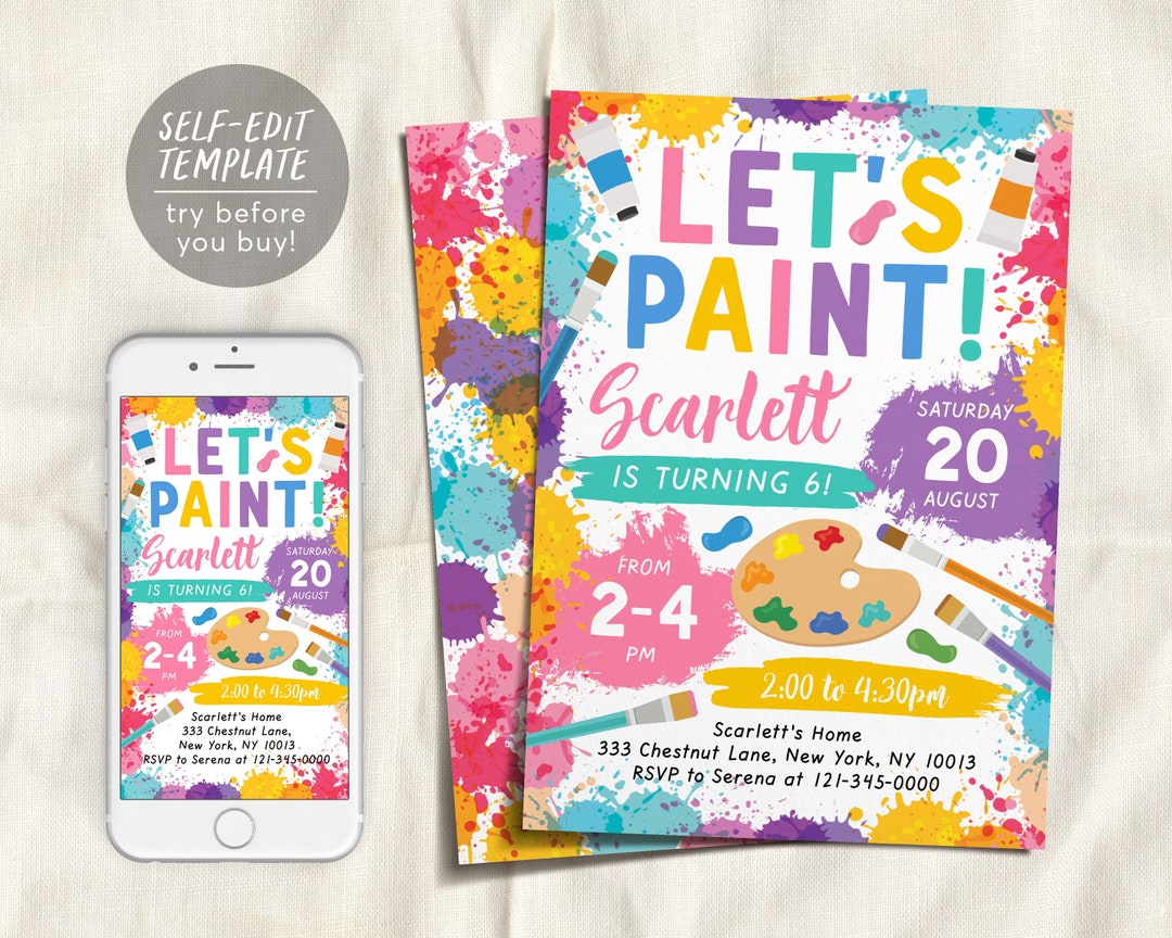 Painting Birthday Party Invitation Editable Template, Art Craft Paint