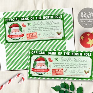 Plantilla editable de sobre de dinero de Navidad, sobres de efectivo de Navidad de Santa imprimibles, regalo de Santa de relleno de medias para niños Polo Norte