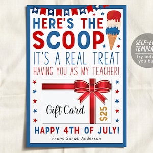 Modèle modifiable de titulaire de carte-cadeau d’appréciation des enseignants du 4 juillet, carte-cadeau de crème glacée, école d’été du 4 juillet PTO PTA Idées cadeaux