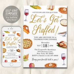 Puede incluir: Una invitación a una cena de Acción de Gracias con un diseño de acuarela que presenta un pavo, un pastel, maíz y copas de vino. El texto dice "Las sobras son para los que se rinden. ¡Vamos a llenarnos!" Estás invitado a una cena de Acción de Gracias el sábado 18 de noviembre a las 6 PM en The Cromwell's Residence, 333 Chestnut Lane, New York, NY 10065. RSVP a Serena al 121-345-0000. ¡Trae tu platillo favorito para compartir!"