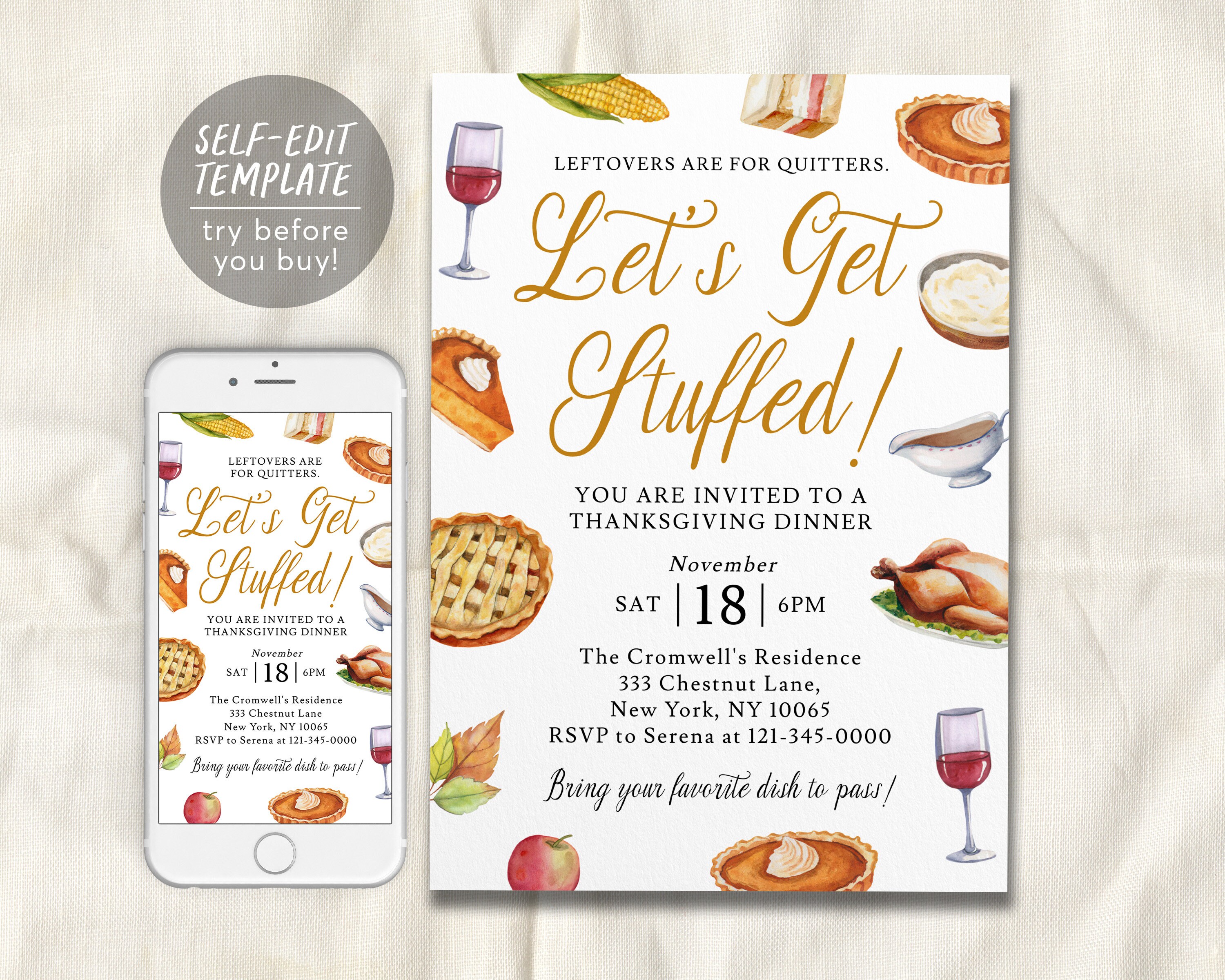 Let's Get Stuffed Thanksgiving Invitation Editable Template, Funny Friendsgiving Dinner Party Potluck Feast Invite, Evite Fall Holiday Pie