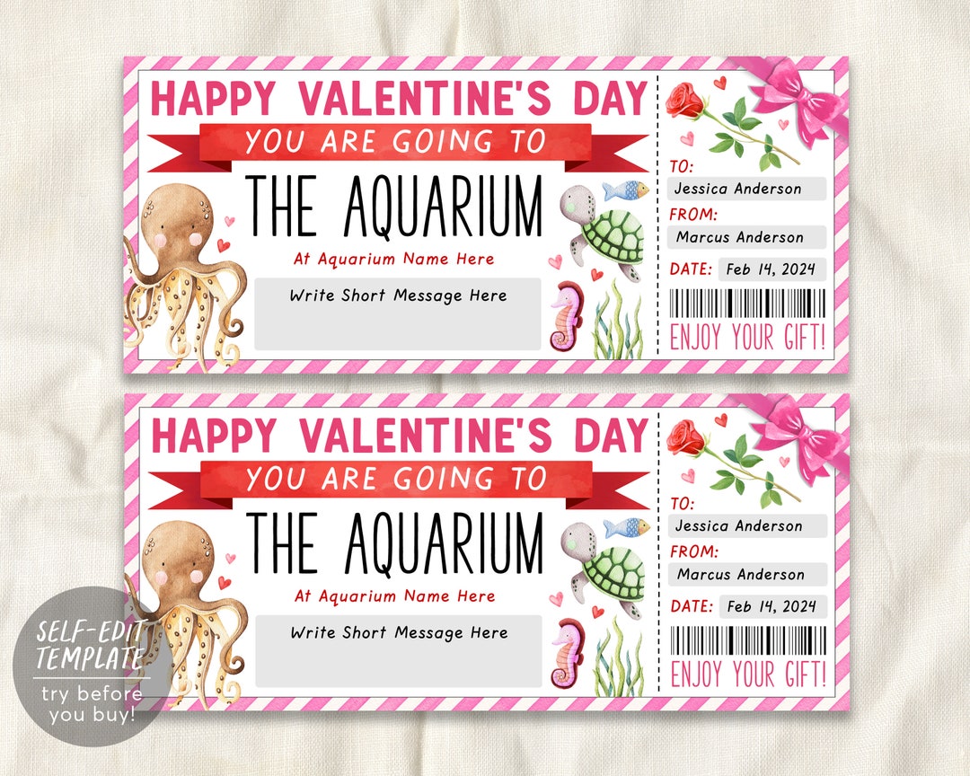 Valentines Day Aquarium Trip Ticket Editable Template, Valentine