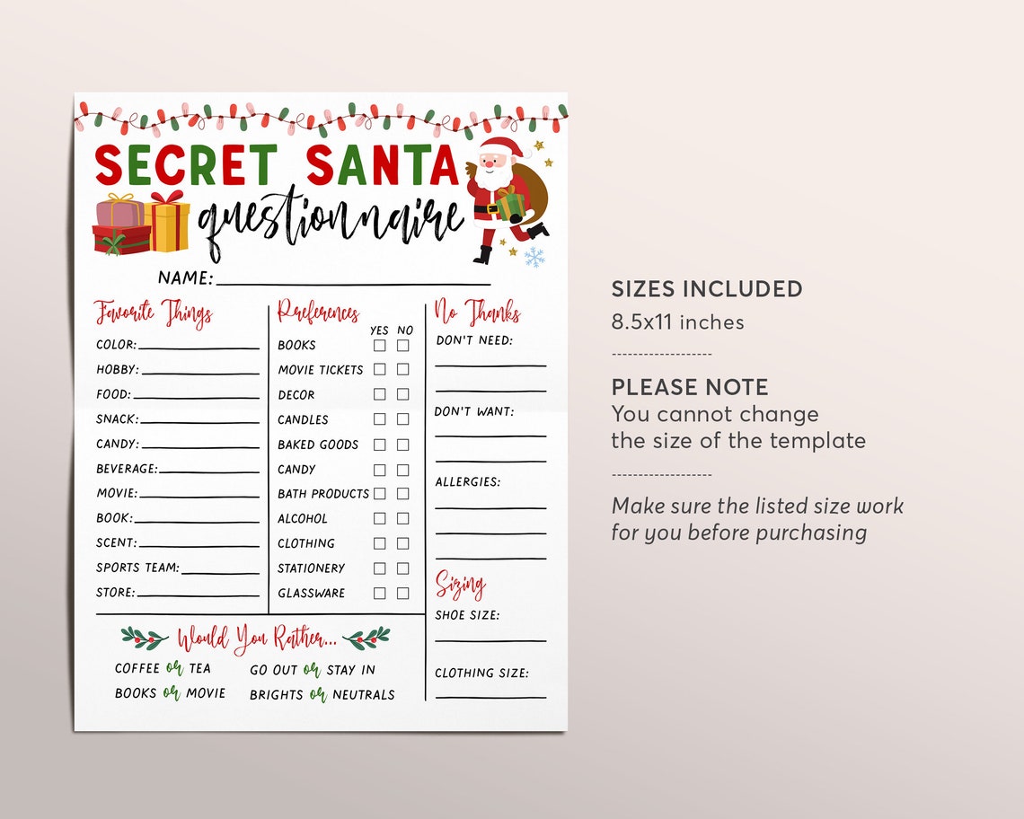 Secret Santa Questionnaire Editable Template Holiday - Etsy