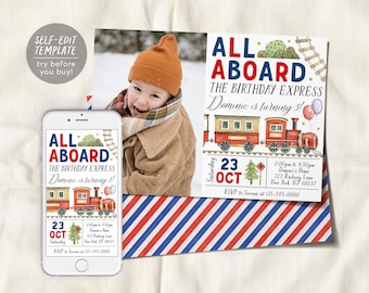 May include: Editable birthday party invitation template featuring a cartoon train with the text "All Aboard The Birthday Express". The invitation includes a photo placeholder, date, time, and RSVP information.