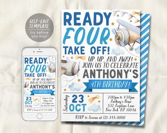 Airplane 4th Birthday Invitation Editable Template, Ready Four Take Off Boy Fourth Birthday Party Invite, Aviation Plane Up Up and Away