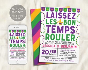 May include: A Mardi Gras themed invitation and smartphone display featuring the text Laissez Les Bon Temps Rouler, Join Us For A Mardi Gras Couple's Shower Celebrating Jessica & Benjamin, 20 Feb, and event details in purple, green, and pink.