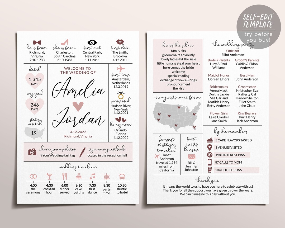 Bohemian Dusty Rose Wedding Program Template, Boho Infographic ...