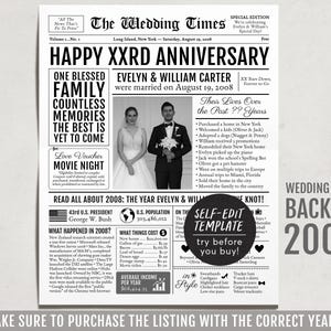 En 2008, plantilla editable de periódico de regalo de aniversario número 16, 17 y 18, boda personalizada de 16, 17 y 18 años para padres, esposo o esposa