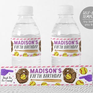 Modèle modifiable d'étiquettes de bouteille d'eau de softball, étiquettes de boisson pour emballage de bouteille de fête d'anniversaire de softball, sport pour enfants le jour du match