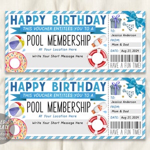 Geschenkgutschein für Pool-Memsuren bearbeitbare Vorlage, Geburtstagsüberraschung Swim Club Season Pass Gutschein Coupon Pool Reveal