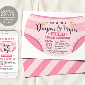 Editable Diaper and Wipes Baby Shower Invitation Template, Baby Girl Pink Blush Baby Shower, Nappy, Baby Sprinkle Invite, It&#39;s A Girl