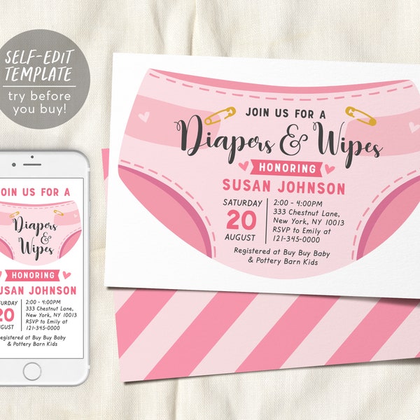 Editable Diaper and Wipes Baby Shower Invitation Template, Baby Girl Pink Blush Baby Shower, Nappy, Baby Sprinkle Invite, It's A Girl