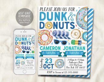 May include: A Dunk and Donuts birthday invitation template featuring watercolor illustrations of donuts, sunglasses, and a beach towel. The text includes names Cameron and Jonathan, ages 5 and 9, date October 23, and address details.