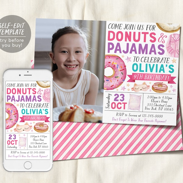 Donuts and Pajamas Birthday Invitation With Photo Editable Template, Girl Tween Donut Party Invite, Kids PJs Slumber Party Sleepover Evite