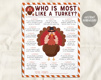 Thanksgiving Game Who Is Most Like The Turkey Printable, Fall Thanksgiving Office Party Icebreaker Group Game Activity For Kids And Adults