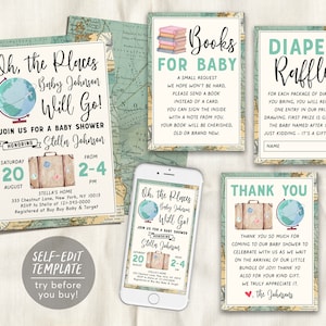Mapa mundial Globo de viaje Baby Shower BUNDLE Invitation Suite Set Plantilla editable, Libros para rifa de pañales para bebés Gracias, Aventura unisex