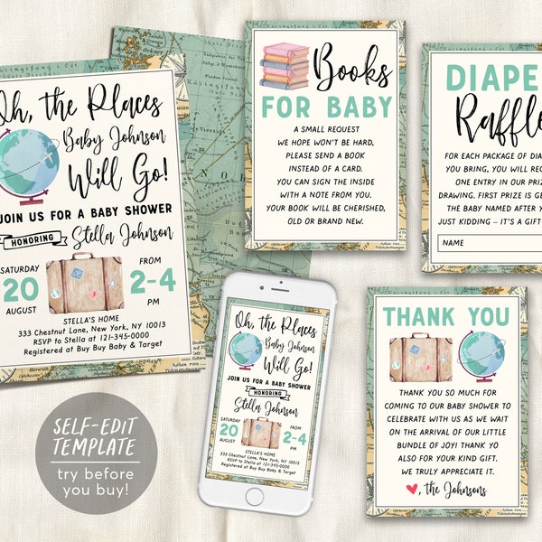 World Map Travel Globe Baby Shower BUNDLE Invitation Suite Set Editable Template, Books For Baby Diaper Raffle Thank You, Unisex Adventure