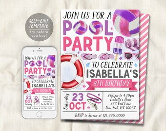 Volleyball Pool Party Birthday Invitation Editable Template, Summer Sports Volleyball Backyard Summer Party Invite, Girl Swimming Pool Evite