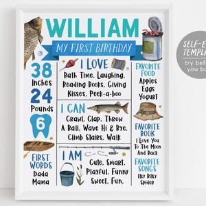 Modèle modifiable de signe d'étape importante de la première année de pêche, affiche de statistiques de naissance Boy O Fish Ally One 1er anniversaire, planche de pêcheur amusant d'un an
