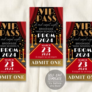 VIP Pass Prom Night School Dance Tickets Editable Template, Red Carpet Homecoming Hollywood VIP Access Pass Party Invite, High School Senior